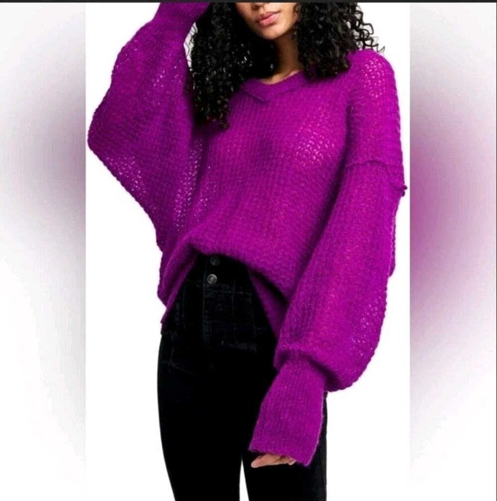 Free People Lulu Oversized V-Neck Sweater, Size XS Sweet Orchid Purple Alpaca